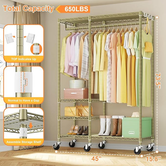 Ulif F4R Heavy Duty Clothes Rack(With Lockable Wheels )Rolling Clothing Racks for Hanging Clothes,Adjustable Closet Organizer System,Portable Garment Rack 45"W x 15.8"D x 73.5"H,Max Load 650LBS,Gold