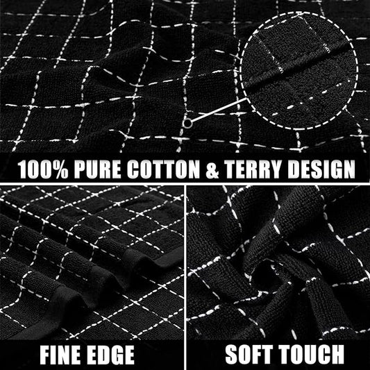 Mordimy 100% Cotton Terry Cloth Kitchen Towels, Super Soft and Absorbent Dish Towels for Drying, Checkered Designed Hand Towels for Kitchen, 16 x 26 Inches, 8 Pack, Black