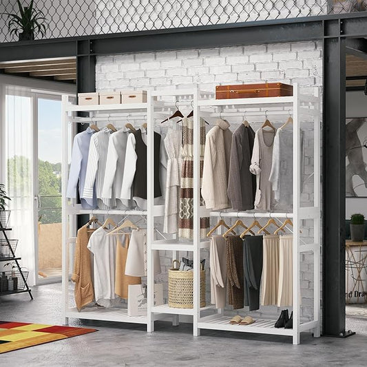 Homykic Bamboo Closet System, Large Clothing Rack for Hanging Clothes, Freestanding Clothes Rack with 7 Shelves & 5 Hanging Rods, Open Wardrobe Closet Organizer Garment Rack with 4 Hooks, Pure White