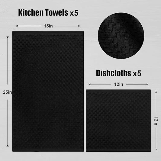 Fintale 100% Cotton Kitchen Towels and Dishcloths Set, 12 x 12 & 15 x 25 Inches, Set of 10 Bulk Super Soft and Absorbent Terry Cloth Dish Towels, Quick Drying Hand Towels with Hanging Loop, Black
