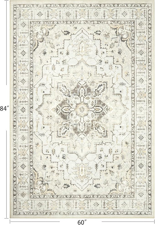 zesthome 5x7 Area Rugs, Machine Washable Rugs for Living Room, Bedroom,Stain Resistant Vintage Large Area Rug,Non-Slip Medallion Pattern Home Decor Rugs (Beige,5'x7')