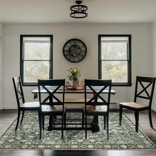 Area Rug 6×9 Washable Rugs for Bedroom, Vintage Floral Rug Soft Non Slip Stain Resistant Carpet for Living Room Dinning Room Kitchen Home Office Green Black