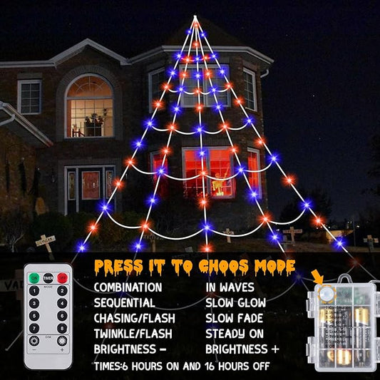 16.4 Ft Halloween Spider Webs Lights Decorations 250 Purple & Orange LED Lights with 40 Small Spiders, Halloween Giant Spiderweb Lights Outdoor Decor for Yard Haunted House Party