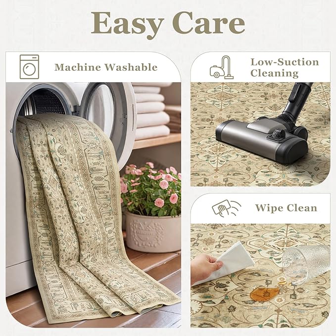 Boho Hallway Runner 2x6, Low Pile Thin Entryway Runner 6ft, Kitchen Runner Rugs Non Skid Washable for Laundry Room Bedside Bathroom, Floral Moroccan Pattern Warm Beige with Opal Colors