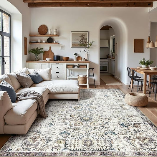 jinchan Area Rug 9x12 Washable Living Room Rug Vintage Indoor Large Floor Cover Retro Accent Mat Distressed Floral Country Boho Non Slip Thin Carpet for Bedroom Kitchen Dining Room Office Blue Multi
