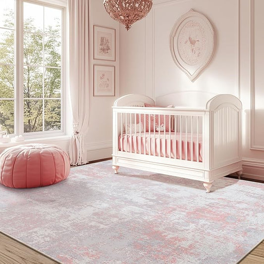 Washable Area Rugs 8'x10' Non-Slip Modern Abstract Soft for Living Room Entryway Bedroom Nursery, Print Pattern, Grey Pink