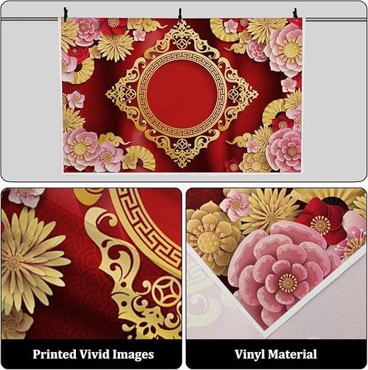 AOFOTO 7x5ft Chinese New Year Backdrop Red and Gold Paper-cuts Floral Lucky Clouds Traditional Spring Festival Asian Lunar New Year Background Room Decoration Banner Kid Portrait Photo Shoot Props