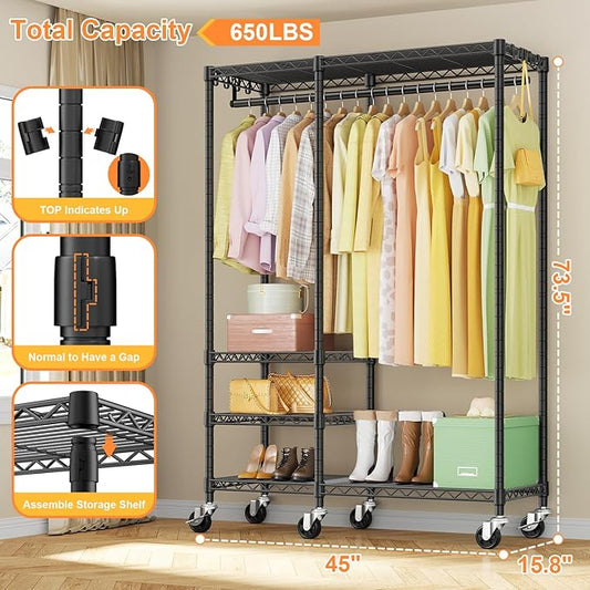 Ulif F4R Heavy Duty Clothes Rack(With Lockable Wheels ) Rolling Clothing Racks for Hanging Clothes,Adjustable Closet Organizer System,Portable Garment Rack 45"W x 15.8"D x 73.5"H,Max Load 650LBS,Black