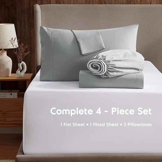 Nestl Short Queen Sheet Set - 1800 Ultra-Soft Microfiber - Double Brushed - Deep Pockets - Easy Fit - 4 Piece Set - Bed Sheets (Short Queen, Light Grey)