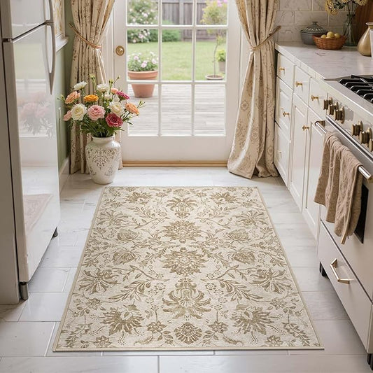 jinchan 3x5 Area Rugs for Entryway, Vintage-Inspired Floral Neutral Design Washable Non-Slip Low-Pile Rug, Ultra-Thin Indoor Traditional Accent Carpet for Entrance Kitchen Bedroom Hallway, Taupe
