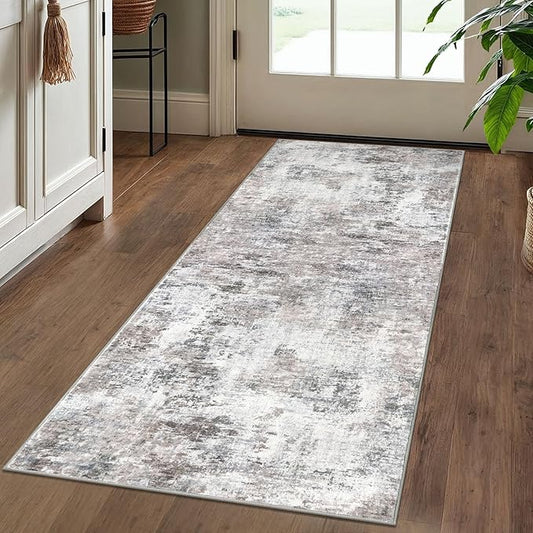 Modern Abstract Runner - 2x5, Beige Grey Washable Kitchen Entryway Rug Mat Non-Slip Soft Neutral Hallway Rug Thin Print Faux Wool Carpet for Bedroom Laundry Room Indoor