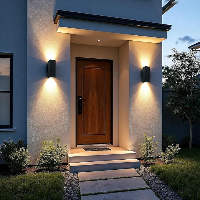 Motion Sensor Outdoor Wall Lights, Dusk to Dawn Porch & Patio Sconce with E26 Dimmable LED Bulbs, Black Aluminum Up & Down Exterior Lights for Garage, Garden, Front Door, ETL Listed