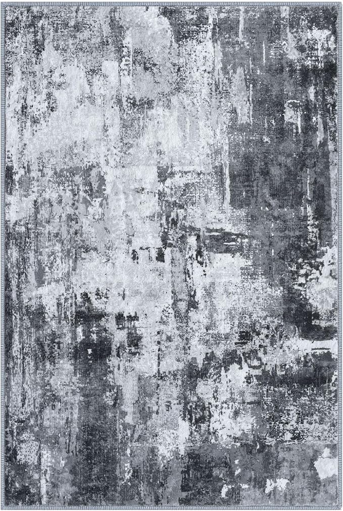 KOZYFLY Modern Abstract Area Rug 8x10 Gray Washable Large Living Room Thin Rugs Bedroom Non Skid Carpet with Faux Wool Soft Low Pile for Dining Room Living Room Office Dorm Kitchen Table Apartment