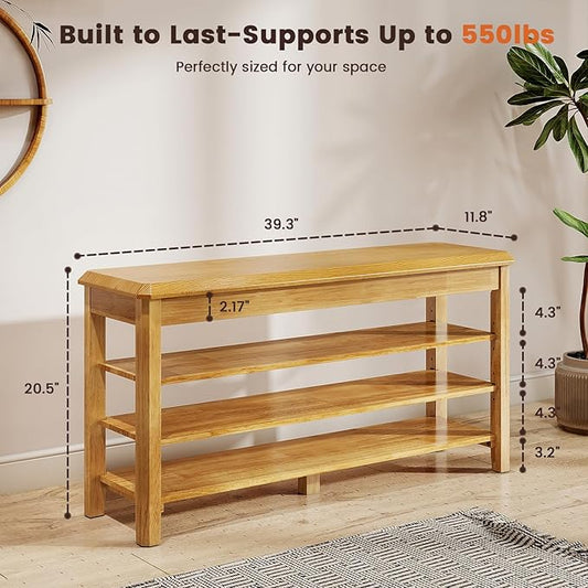 Shoe Rack Bench Seat Rubberwood 3-Tier Wooden Storage Bench 550lbs Compact Mid-Century Modern Design for Entryway, Hallway, Closet, Front Door Entrance, Foyer