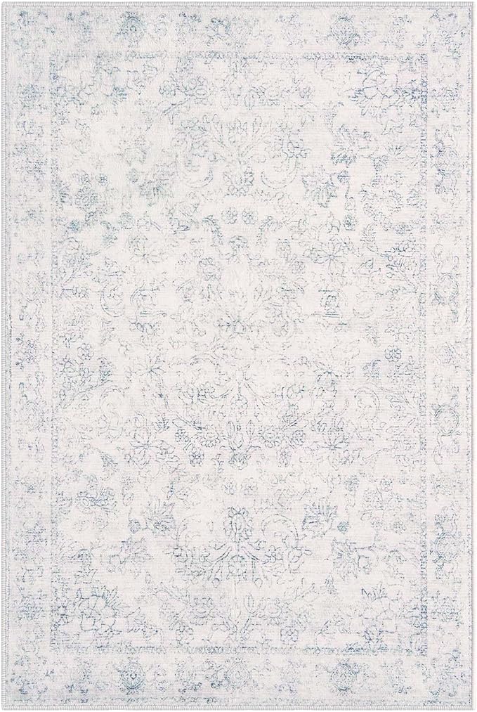 jinchan 3x5 Ivory Rugs for Entryway - Machine Washable Vintage Floral Ultra-Thin Low Pile Soft Throw Small Non-Slip Distressed Doormat Accent Rug for Entrance Kitchen Bedroom (3'x5',Ivory)