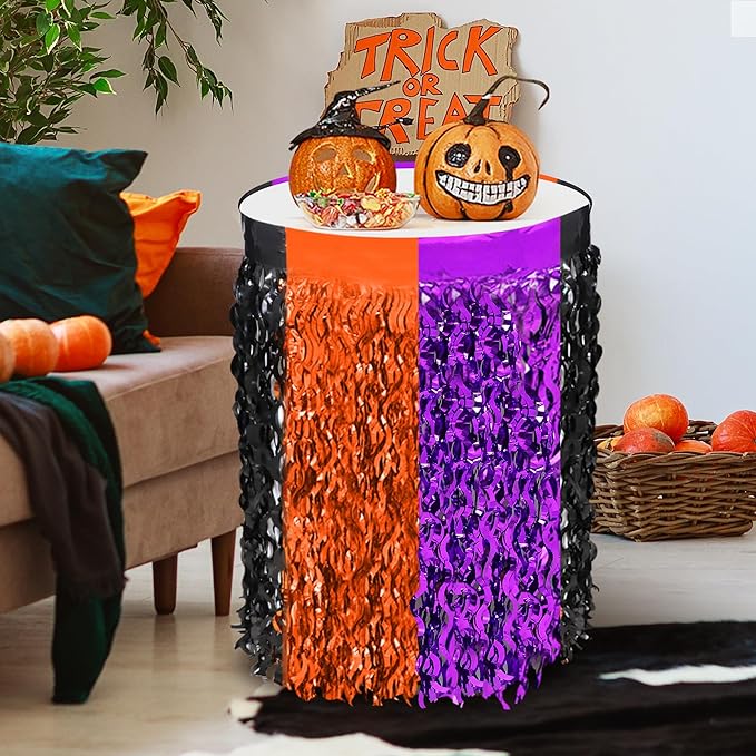 Halloween Party Decorations, 2 Pack Orange Purple Black Wavy Metallic Tinsel Foil Fringe Table Skirts, Perfect Rectangle or Round Table Decor for Halloween Birthday Home Indoor Outdoor Party Supplies