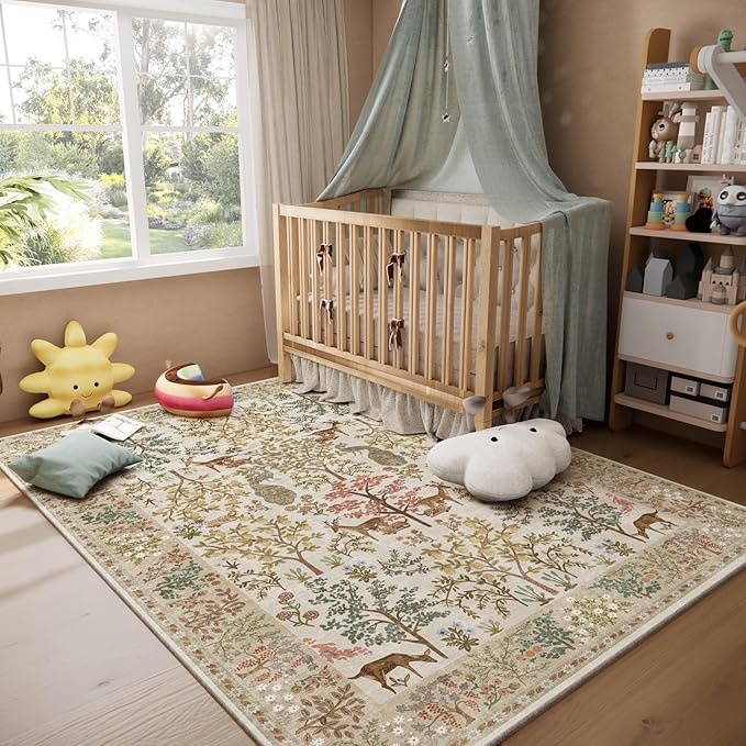 Machine Washable Rugs for Living Room: 9x12 Bedroom Rug Vintage Area Rug Stain Resistant Non Slip Low Pile Lightweight Soft Carpets for Living Room Dining Room Kitchen Nursery Kids Room Indoor