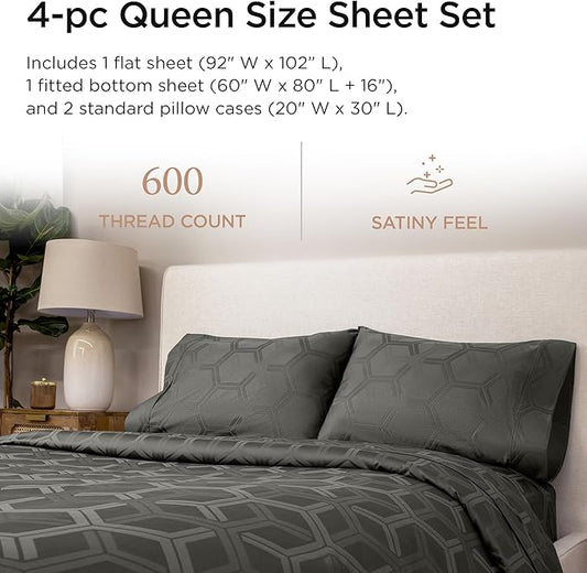 Threadmill 100% Cotton Sheets for Queen Size Bed - 600 Thread Count Queen Bed Sheets Set with 16” Deep Pocket - Jacquard Sateen Weave 4-Piece Bedding Set with Cooling Effect, Dark Grey