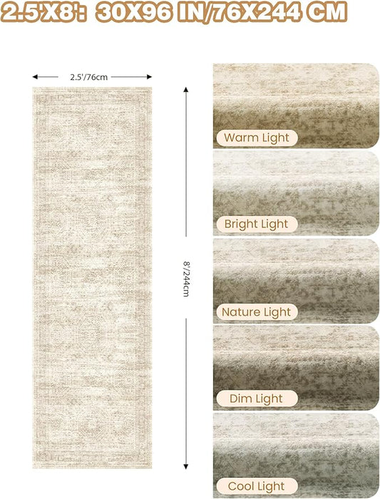 Kitchen Runner Rug Non Slip - 2.5 x 8 Runners for Hallways, Entryway, Bedroom, Washable Runner Rugs for Bathroom, Laundry Room, Low Pile Soft Vintage Area Rug(2.5'x8', Beige/Ivory)