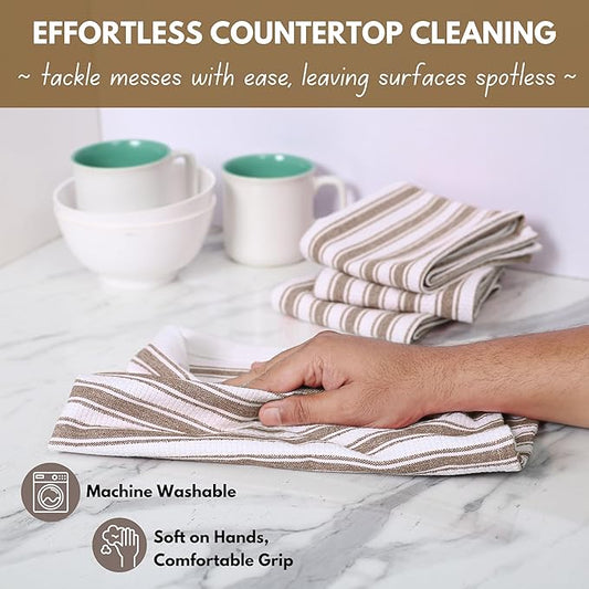 Native Fab Stripe Kitchen Towel - 12 Pack - Basket Weave 100% Cotton Dish Towels - 16x26 inches - Absorbent Towels for Cleaning, Quick Drying, Washable Dish Cloths with Hanging Loop - Brown