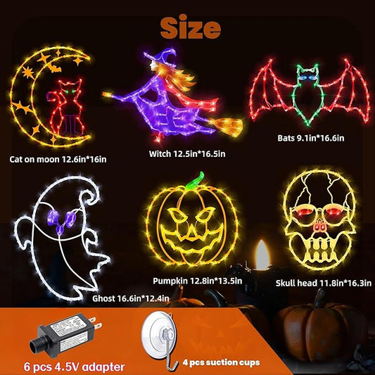 16" Halloween Window Silhouette Lights - 6 Pack Colour Lighted Cat on Moon & Skull Head & Bat & Witch & Pumpkin & Ghost for Holiday Indoor and Outdoor Wall Door Window Decorate