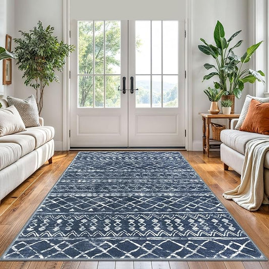 KUTA Area Rug 5x7 Navy Blue, Washable Boho Large Living Room Moroccan Rugs Non-Slip, Ultra Soft Geometric Traditional Farmhouse Carpet for Dining Room Bedroom Dorm Office Home Décor