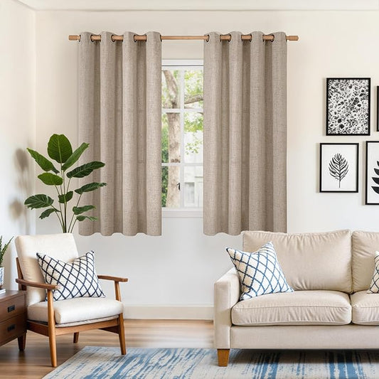 YoungsTex Oatmeal Short Linen Curtains 45 Inch Length for Kitchen Bathroom Window, Burlap Semi Sheer Drapes with Bronze Grommet Light Filtering for Cafe Bedroom, 52 x 45 Inch, 2 Panels