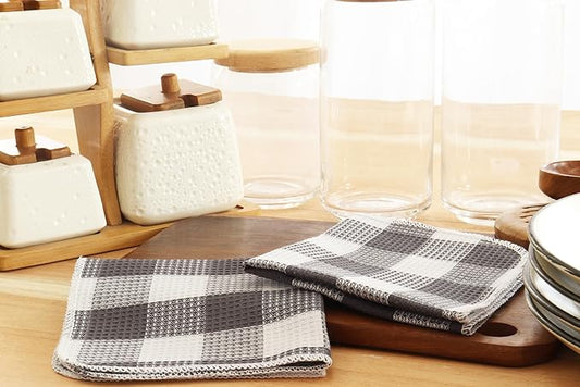 Waffle Weave Plaid Dish Cloths, 100% Cotton - 12 x 12 Inches, Ultra Soft Absorbent Quick Drying Dish Towels Buffalo Check Dish Rags for Kitchen, 8 Pack - Fall Thanksgiving-Steel Grey & White