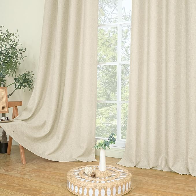 LAMIT Natural Linen Curtains for Bedroom 45 inch Length 2 Panels, Linen Textured Light Filtering Curtains Grommet Privacy Burlap Neutral Drapes for Living Room/Farmhouse, W42 x L45, Natural Beige