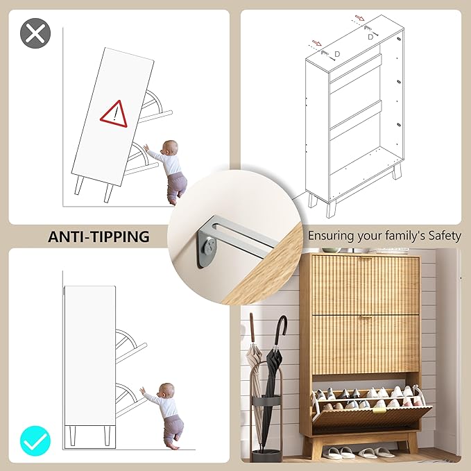 Shoe Cabinet Storage for Entryway with 3 Flip Drawers, Fluted Narrow Shoe Organizer with Wooden Legs, Freestanding Slim Shoe Storage Hidden Shoe Rack Organizer for Front Door Entrance, Oak