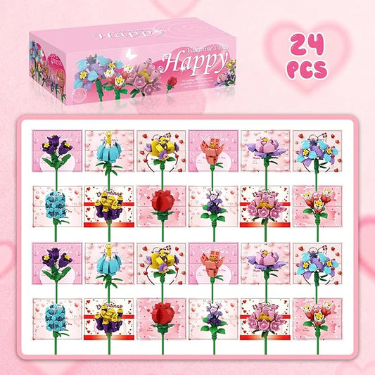 24Pcs Valentine's Day Gifts Party Favor Valentines Small Flower with Valentine Greeting Cards Bouquet Building Blocks Toys for Boys Girls Gifts School Exchange Prize Party Favors