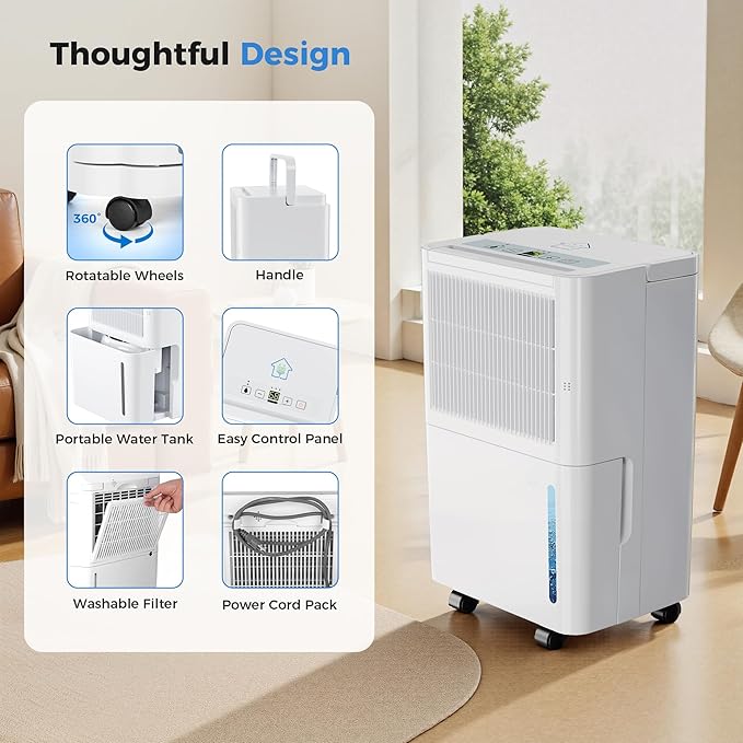 2,500 Sq Ft Home Dehumidifier with Drain Hose, 74 OZ Water Tank, 24 Hr Timer, 3 Modes High Efficiency Compressor for Basement, Bedrooms, Bathrooms and Laundry Rooms