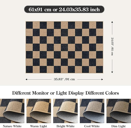 Lahome Checkered Easy Jute 2x3 Rug, Small Entryway Rug Non Slip Kitchen Front Door Mat, Farmhouse Neutral Area Rug Non Shedding Low Pile Floor Carpet for Foyer Porch Doorway