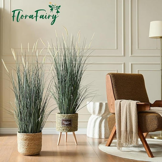 Faux 4ft 2-Pack Horsetail Reed Grass with Pink Spikes, 48in Tall Indoor Outdoor Fake Grass in Pot, Home Office Decorative Artificial Plant & Greenery, Wedding Decor Green Bristlegrass