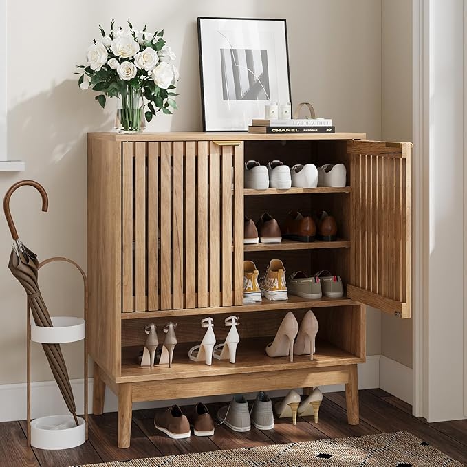 Shoe Storage Cabinet with Adjustable Shelves, Wooden Shoe Organizer, Shoes Rack for Entryway, Hallway, Living Room (Natural Wood, 27.56" W)