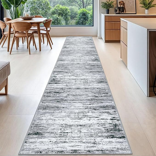 Modern Abstract Runner Rug 2.6x16, Black Grey White Washable Long Kitchen Runner Non-Slip Soft Hallway Rug Runner Thin Print Faux Wool Carpet for Entryway Bedroom Laundry Room Indoor Home Decor