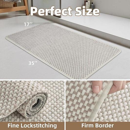 PADOOR-Bath Mat-Super Absorbent Chenille Bathroom Mats-Rubber Backed Bath Mats for Bathroom Non Slip, Easy Clean Bathroom Rugs Front of Bathtub,Shower Room,Sink-17×35, Beige&Cream