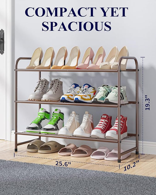 Kitsure Shoe Rack - Stainless Steel Shoe Organizer, Sturdy Shoe Rack for Closet and Front Door Entrance, Free Standing Shoe Shelf, Closet Organizers and Storage, 25.6" Wide - 3 Tier, Brown
