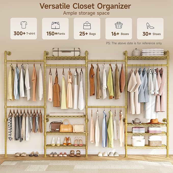 H4 Wall Mounted Closet System, Expandable Industrial Pipe Clothes Rack Clothing Rack for Hanging Clothes, Heavy Duty Closet Organizers and Storage in Wardrobe Closet - Gold