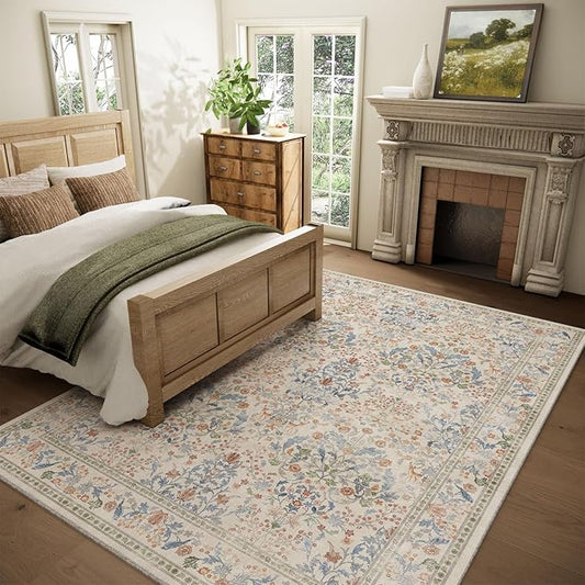 Washable Area Rugs for Living Room: 6x9 Bedroom Rug Vintage Area Rug Stain Resistant Non Slip Low Pile Lightweight Soft Carpets for Dining Room Kitchen Nursery Kids Room Farmhouse Indoor