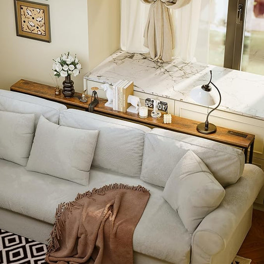 86.6" Behind Couch Table with Fast Charging Station, 7.1" Narrow Skinny Sofa Table with 2 Power Outlets, 2 USB-A, USB-C for Console Entryway, Rustic Brown