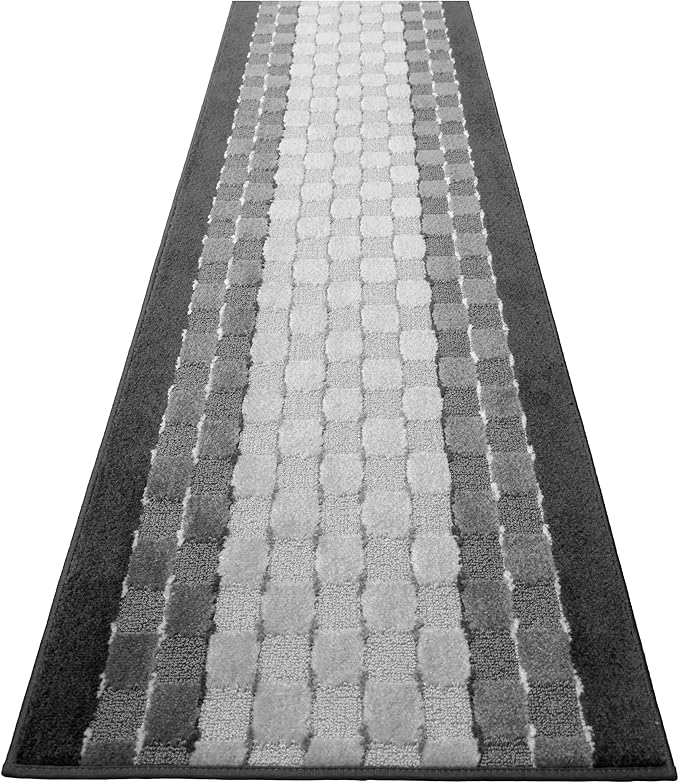 16 ft Non Slip Washable Carpet Runner Rug with Rubber Backing, Custom Floor Mat for Kitchen Hallway Stairs Bedroom Bathroom Entry, Checkered Anthracite Grey, Your Choice of Length, 26 Inch X 16 feet