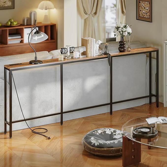 86.6" Behind Couch Table with Fast Charging Station, 7.1" Narrow Skinny Sofa Table with 2 Power Outlets, 2 USB-A, USB-C for Console Entryway, Rustic Brown