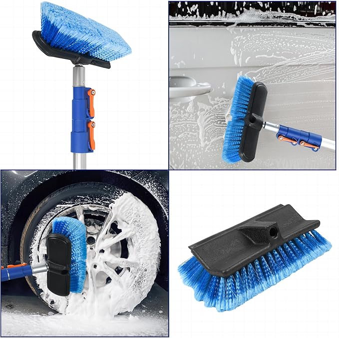 30 FT Exterior House Cleaning Brush Set with 6-24 Foot Telescoping Extension Pole, Soft Scrub Car Wash Brush, Medium Bristle Cleaning Brush and Window Squeegee & Washer