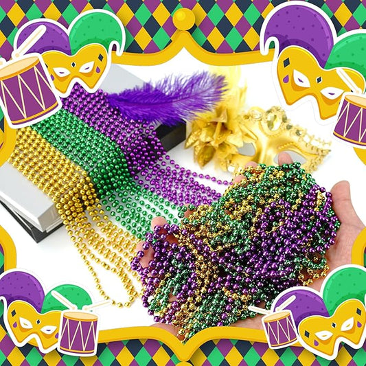 YAXINRUI Mardi Gras Beads Necklaces, 15pcs 33' 7mm Metallic Gold Green Purple Bead Party Favors