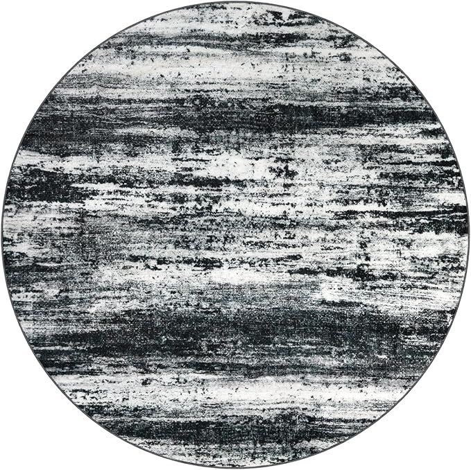 KOZYFLY Modern Abstract Washable Circle Rug 5Ft, Washable Kitchen Rug Non-Slip Soft Bathroom Round Rug, Black Navy Blue Grey Striped Entryway Rugs Faux Wool Doormat for Bedside Entrance Bedroom Sink