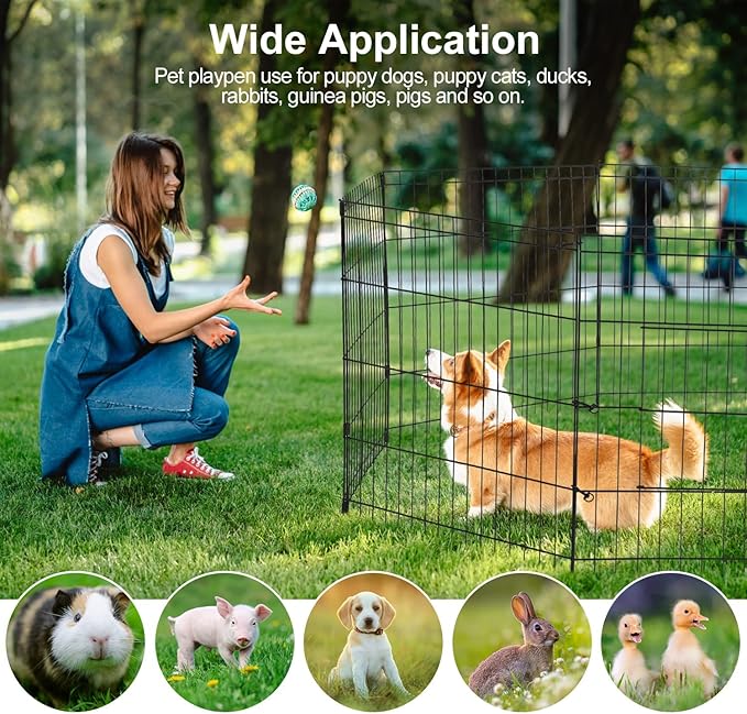 PJYuCien Dog Playpen - Metal Foldable Dog Exercise Pen, Pet Fence Puppy Crate Kennel Indoor Outdoor with 8 Panels 24”H & Top Cover and Bottom Pad for Small Medium Pets