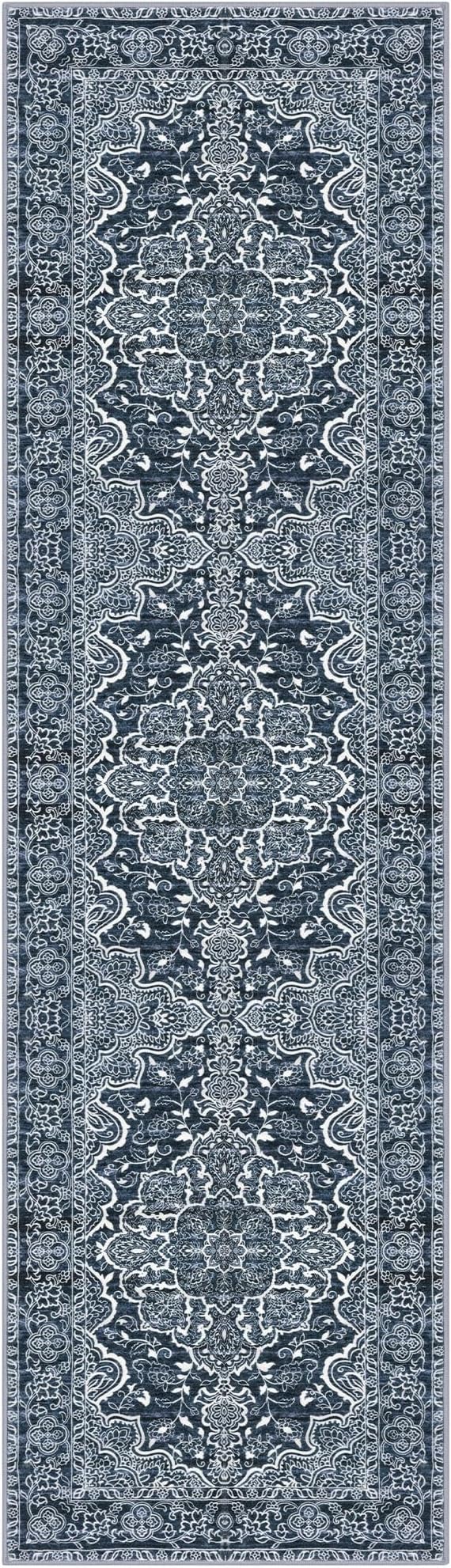 KUTA Vintage Floral Washable Runner Rug, 2x8 Navy Blue Runners for Hallways Non-Slip Kitchen Rugs Ultra Soft Printed Distressed Tribal Floor Carpet for Bedroom Living Room Nursery