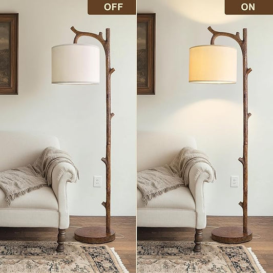 OYEARS Retro Farmhouse Floor Lamp for Living Room with Remote Rustic Standing Lamps Tree Trunk Deco Modern Country Vintage Wood Floor Lamp(Brown,Bulb Included)