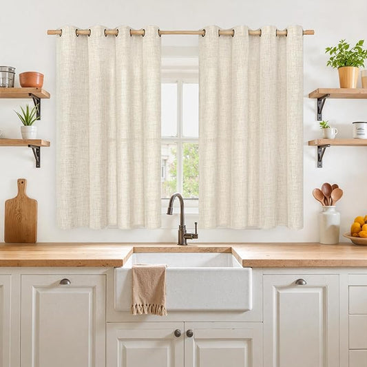 YoungsTex Linen Curtains 45 Inches Long for Kitchen, Semi Sheer Short Window Drapes with Bronze Grommet Privacy Light Filtering for Bathroom Living Room Bedroom, 52 x 45 Inch, 2 Panels